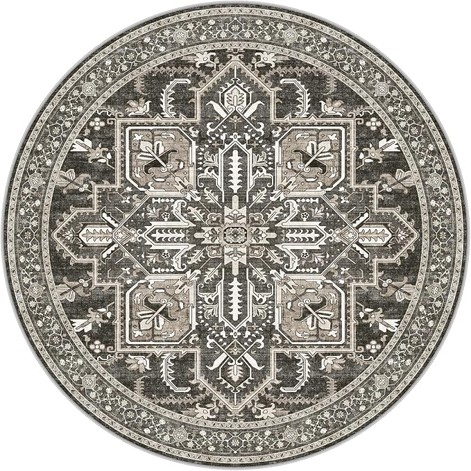 WITSHOCK 6Ft Round Black Washable Area Rug: Vintage Boho Non-Slip Low Pile Large Circle Carpet for Living Room Bedroom Kitchen Nursery Home Office, Foldable Soft Pet-Friendly Farmhouse Floral Décor