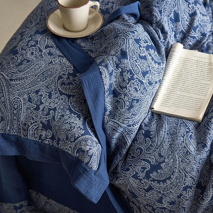 Navy Blue Duvet Cover Twin XL Vintage Boho Paisley Duvet Cover Exquisite Jacquard Bedding Set Cotton Linen Yarn-Dyed Textured Duvet Cover Cozy Breathable Floral Boho Bedding Comforter Cover Twin XL