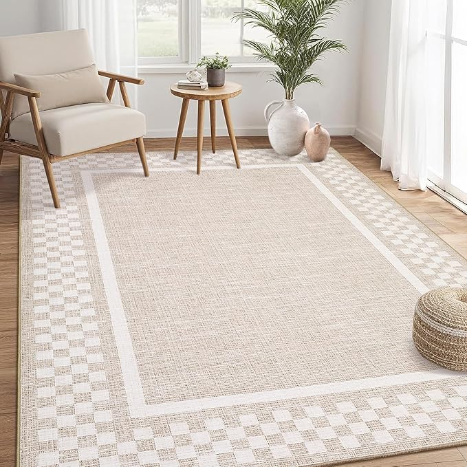 GarveeHome Washable Area Rugs 10x13 Non Slip Soft Large Living Room Rug Modern Checkered Bedroom Rug Soft Geometric Bordered Throw Carpet for Dining Room Home Decor Office Nursery, Beige