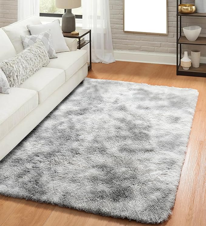 ONASAR Area Rugs for Bedroom Living Room, 4x6 Tie-Dyed Light Grey Fluffy Shaggy Bedside Throw Rug, Washable Indoor Soft Plush Floor Carpet for Nursery Kids Girls Boys Teen Dorm Home Office Decor