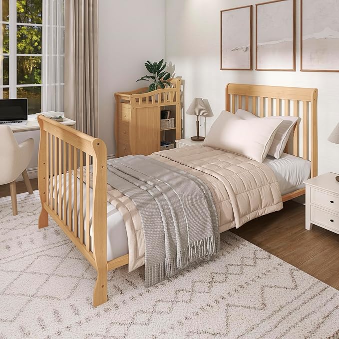 Dream On Me Jayden 4-in-1 Mini Convertible Crib And Changer in Natural, Greenguard Gold Certified, Non-Toxic Finish, New Zealand Pinewood, 1" Mattress Pad
