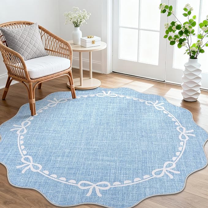 GarveeHome Scalloped Bow Rug for Living Room, 4ft Round Rugs Washable Solid Blue Rug for Dorm Soft Low Pile Non Slip Scalloped Rugs for Nursery Bedroom Decor Kids Room Playroom