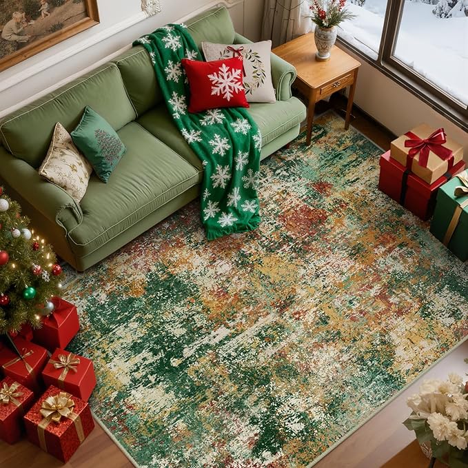 Washable Area Rugs 5'x7' Non-Slip Modern Abstract Soft for Living Room Entryway Bedroom Nursery, Print Pattern, Green Orange Rust Red Cream Colorful
