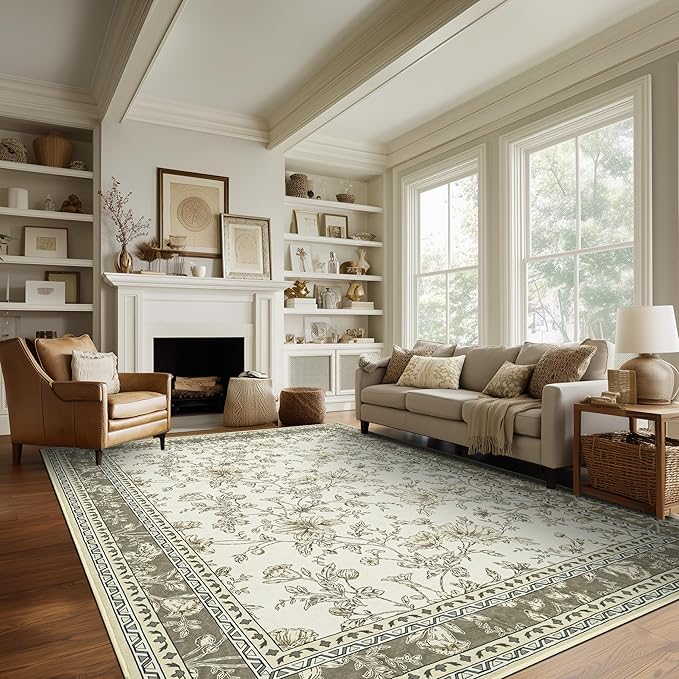 Beige and Taupe Farmhouse Washable 9x12 Area Rugs for Living Dining Room Bedroom Office Kitchen Table Large Rug for Under Table, Light Tan Cream Khaki Sketch Pattern Floral Vintage Boho Home Decor