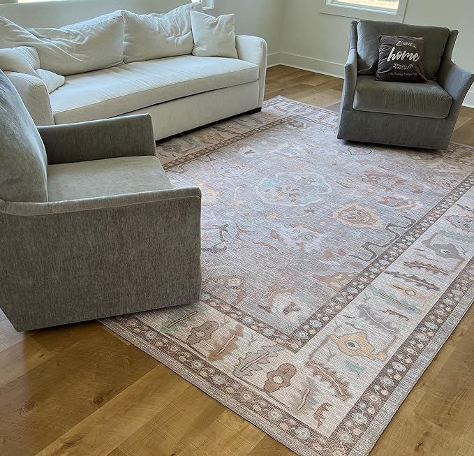 Fame Rugs Brown Modern Oushak Rug 8x10, Vintage Turkish Colorful Oriental Washable Antique Inspired Large Area Rugs, Luxury Living Room Bedroom (382MB, 7'6 x 10')