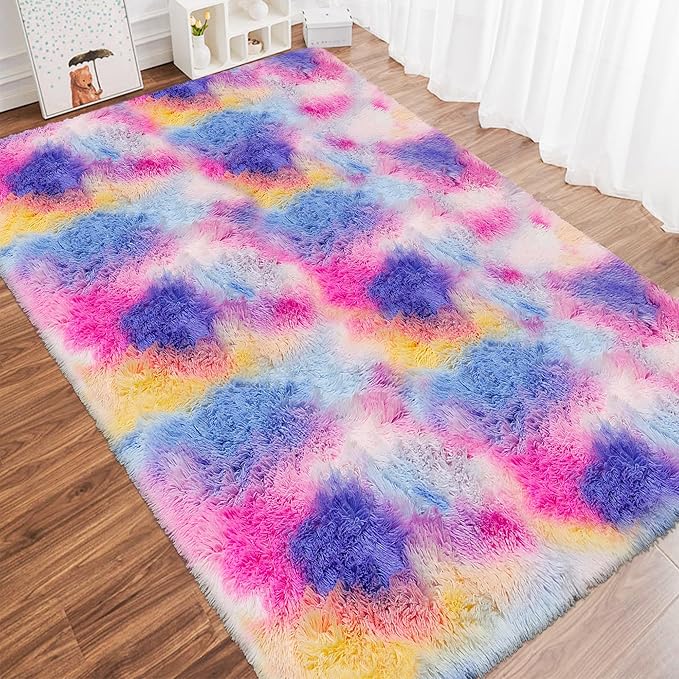 Dark Rainbow Rug for Kids Room 6x9 Cute Fluffy Kids Area Rugs for Bedroom Girls Boys Teens Dorm Toddler Nursery Soft Plush Fuzzy Shag Carpet for Living Room Indoor Floor Shaggy Rug Non Slip