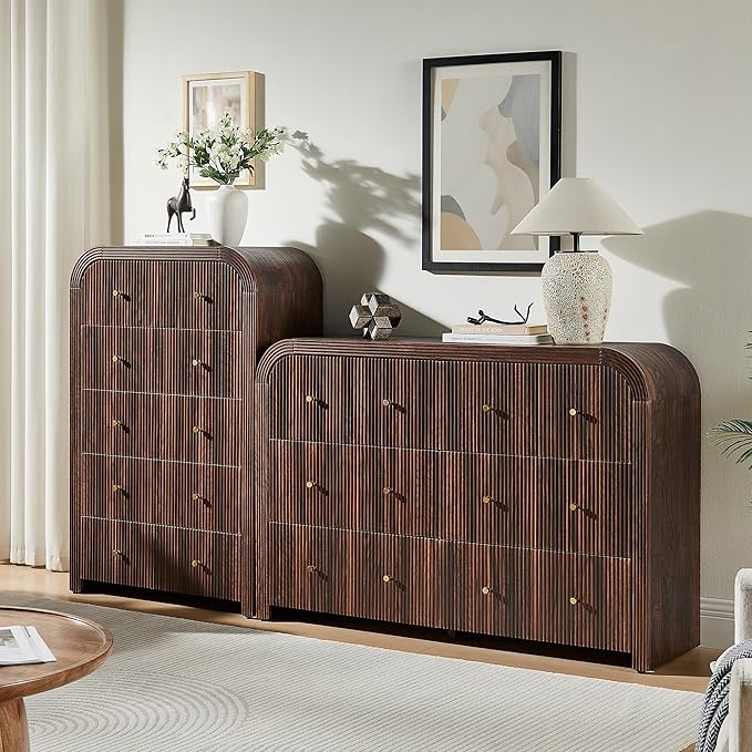 T4TREAM Fluted 6 Drawers Dresser for Bedroom, 54" Wide Modern Chest of Drawers with Thickened Curved Profile Design, Wood Dressers TV Stand for Bedroom, Living Room, Hallway, Dark Walnut