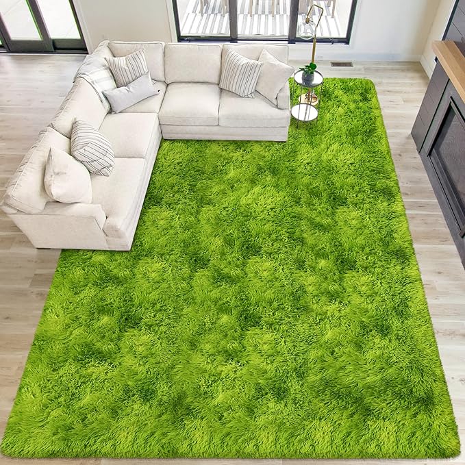 Soft Fluffy Grass Green Area Rug 8x10 for Bedroom Living Room Thick Plush Shaggy Rug Large Green Shag Carpet for Kids Room Dorm Baby Nursery Indoor Decor Aesthetic