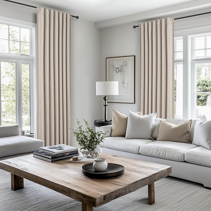 Grey Flax Extra Long Floor to Ceiling Blackout Curtains 108 Inches Long for Sliding Glass Doors 2 Panels Set, Farmhouse Pleated Room Darkening Drapes Decor with Back Tab for Bedroom (50"Wx108"L)