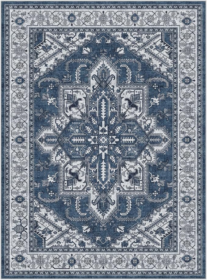 WITSHOCK Living Room Area Rugs 9x12: Washable Rug Boho Soft Non-Slip Low Pile Stain Resistant Foldable Carpet for Bedroom Playroom Dining Room Office Kitchen Farmhouse Home Decor Rug-Blue