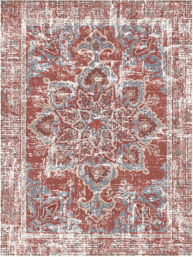 Vhong Vintage Area Rugs Boho Washable Neutral Modern Brick Red Burgundy 3x5 Non Slip Small Carpet for Living Room Dining Room Bedroom Farmhouse