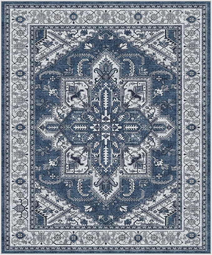 WITSHOCK Living Room Area Rugs 10x12: Washable Rug Boho Soft Non-Slip Low Pile Stain Resistant Foldable Carpet for Bedroom Playroom Dining Room Office Kitchen Farmhouse Home Decor Rug-Blue