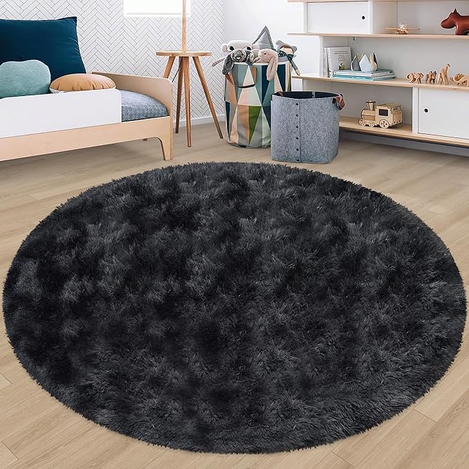 7 ft Round Fluffy Large Black Rug for bedroom,Tie Dyed Furry Round Carpet Non Slip Fuzzy Shaggy Plush Circle Big Area Rug for living room Room Nursery Room Playroom Kids Room Home Decor Washable