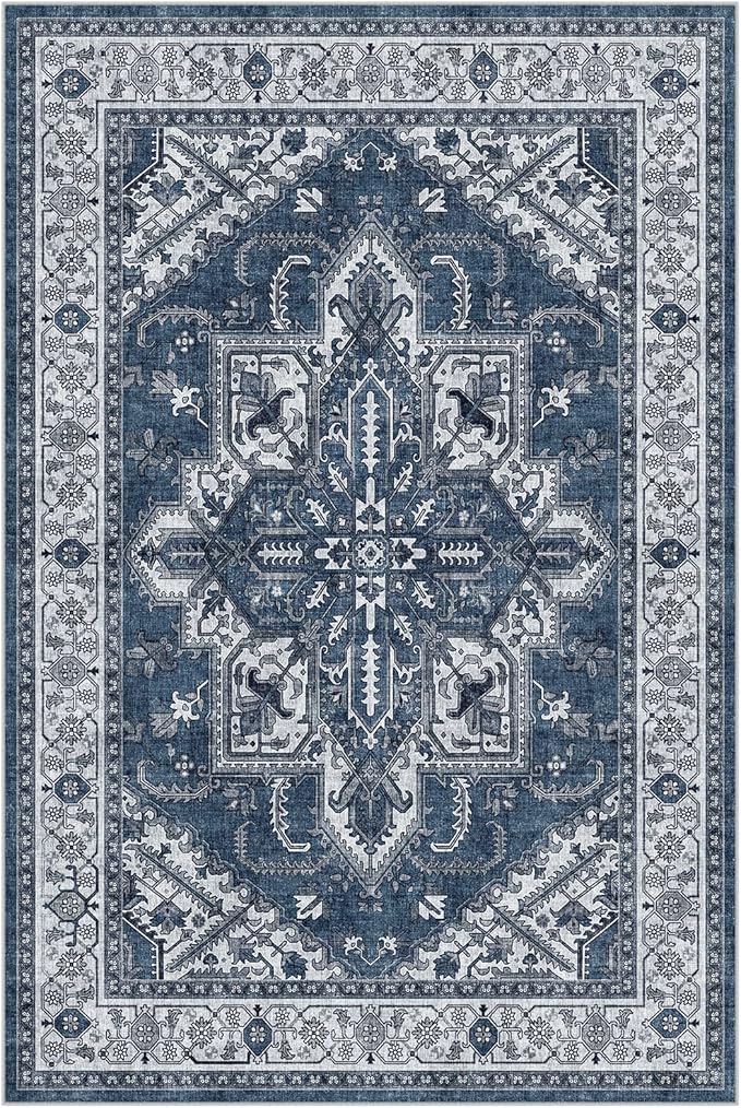 WITSHOCK Living Room Area Rugs 6x9: Washable Rug Boho Soft Non-Slip Low Pile Stain Resistant Foldable Carpet for Bedroom Playroom Dining Room Office Kitchen Farmhouse Home Decor Rug-Blue