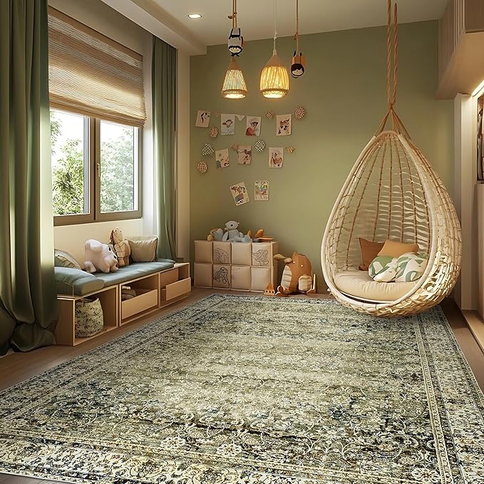 Olive and Tan Area Rugs Washable Rug for Living Room Bedroom Boho Farmhouse Floral Vintage Soft No Slip Extra Large Carpet for Dining Room 9x12
