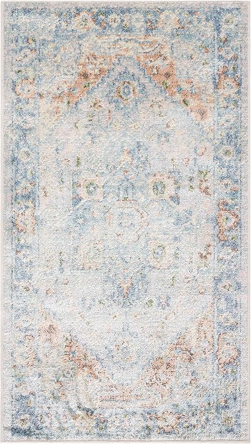 Mark&Day Washable Rugs, 7ft Round Estill Traditional Slate Area Rug, Silver Blue Brown Carpet for Living Room, Bedroom or Kitchen (6'7" Round, Machine Washable)