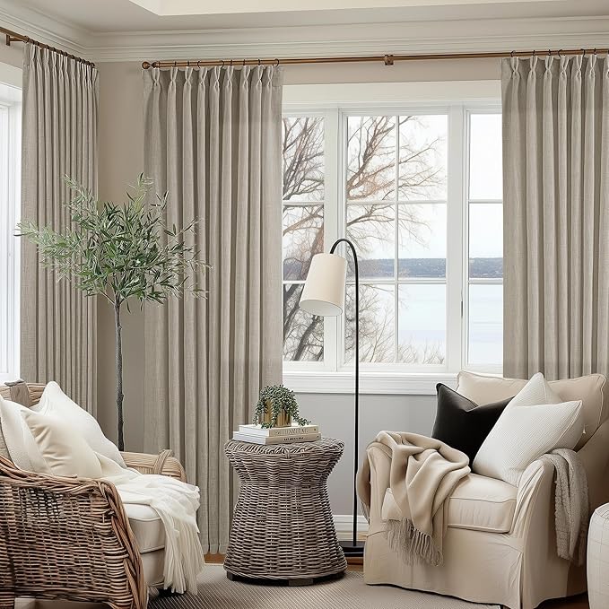 Pinch Pleated Linen 102 Inch Curtains 60 Inch Width for Living Room Divider Light Filtering Semi Sheer Burlywood Taupe Extra Wide Patio Curtains for Sliding Door Floor Ceiling Picture Window 60x102