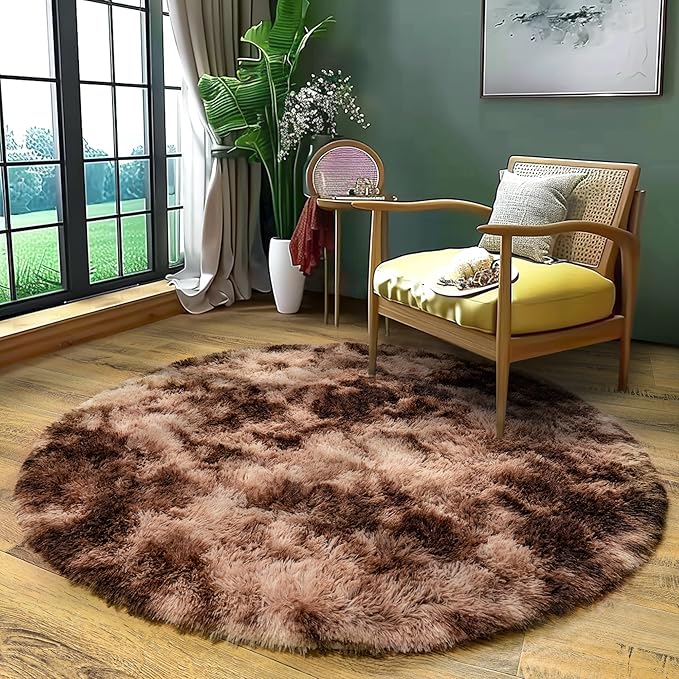 Round Shaggy Circular Tie-dye Brown Super Soft 4FT Fuzzy Plush Rug for Kids, Nursery and Teen's Room