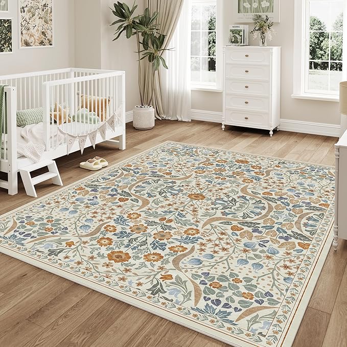 9x12 Floral Washable Area Rug for Living Room, Non-Slip Soft Vintage Boho Carpet, Botanical Forest Beige Low Pile Rugs for Bedroom, Dinning Room, Home Office, Dorm, Nursery, Beige