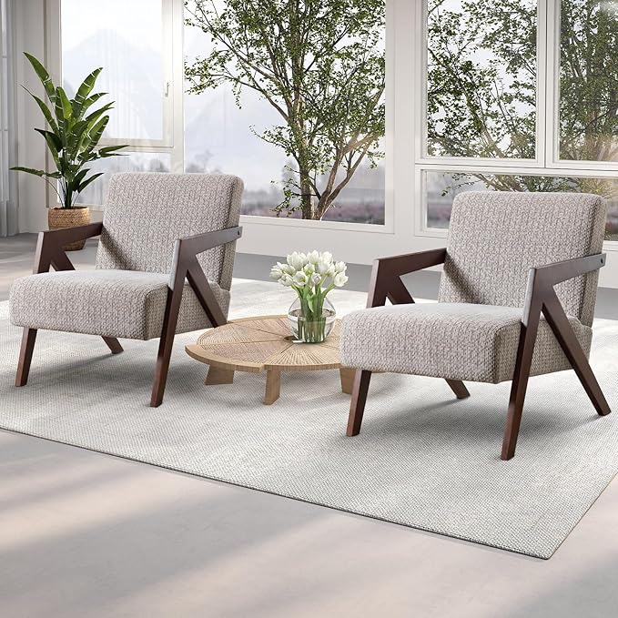 INZOY Accent Chairs Set of 2, Mid Century Modern Accent Chair with Wood Frame, Upholstered Reading Armchair with Soft Linen Fabric, Accent Chair for Living Room Bedroom, Easy Assembly, Light Brown