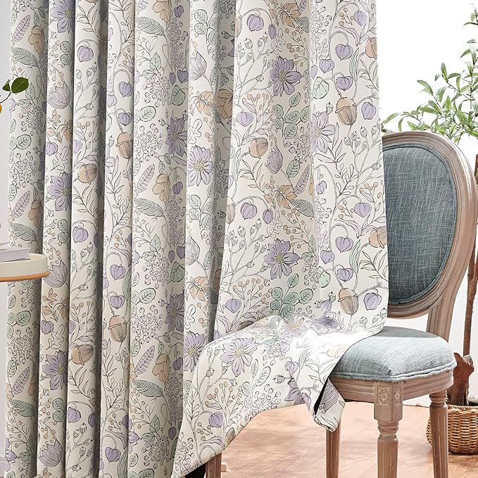 jinchan Nursery Curtains 95% Blackout Purple Floral Curtains for Girls Room, 63 Inch Length Farmhouse Drapes for Bedroom Living Room Darkening Window Treatment Grommet Top Set of 2 Panels