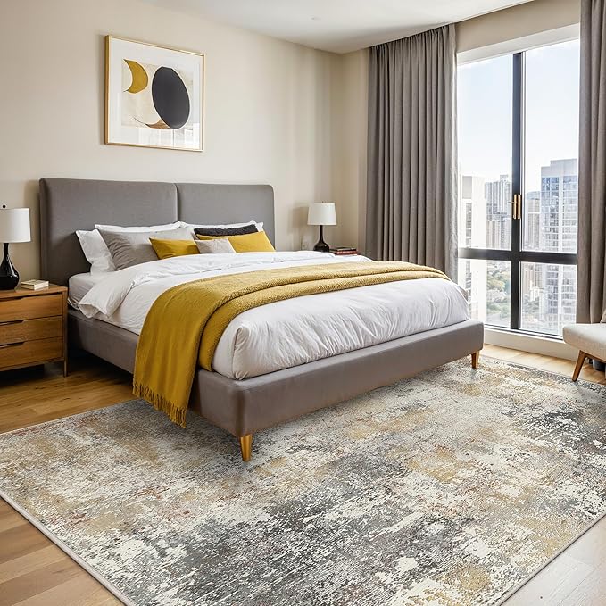 GENIMO 5x7 Area Rugs for Living Room, Machine Washable Rug Non Slip, Low Pile Ultra-Thin Lightweight Large Carpet, Abstract Modern Rugs for Bedroom, Dining Room, Office, Nursery, Brown/Grey
