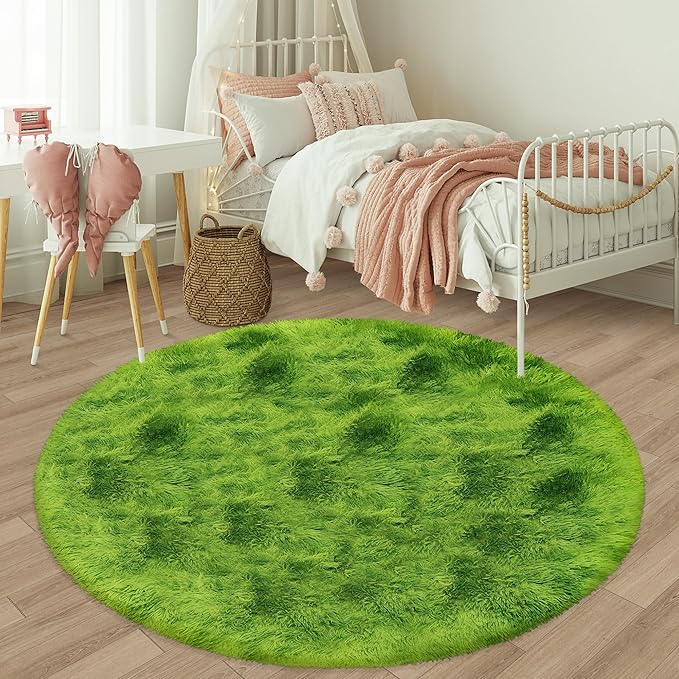 6 ft Large Fluffy Green Grass Area Rugs for Bedroom,Soft Shaggy Round Rugs Plush Fuzzy Circle Area Rug for Living Room Kids Playroom Room Baby Toddler Nursery Home Decor Aesthetic