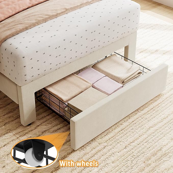 IDEALHOUSE Twin Bed Frame with Storage Drawer and Headboard, Velvet Upholstered Twin Platform Bed Frame for Girls, Strong Wooden Slats Support, Noise-Free, Easy Assembly (Beige)