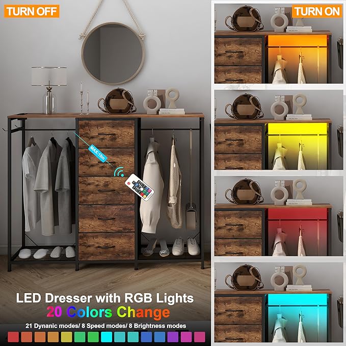 Dresser for Bedroom with Clothes Rack 5 Drawer Dresser with Charging Station LED Lights White Chest of Drawers Flexible Shelf and Open Storage Space for Bedroom Living Room (Brown)