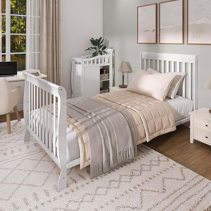 Dream On Me Jayden 4‑in‑1 Mini Convertible Baby Crib & Changer with Storage in White, Pinewood, GreenGuard Gold & JPMA, 1” Mattress Pad, 3 Mattress Heights, Converts to Mini Day & Twin-Size Bed