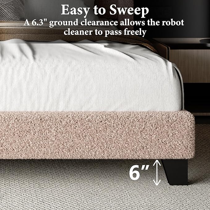Full Bed Frame with Headboard Upholstered Platform Bed Frame with Teddy Velvet Headboard, Wooden Slats Support/Wing Edge Design/No Box Spring Needed/Easy Assembly, Brown Full