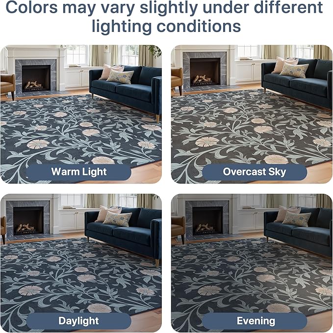 GENIMO 5x7 Vintage Floral Area Rug, Soft Microfiber Washable Rug with Non-Slip Backing, Blue and Black Carpet for Living Room, Bedroom and Dining Room