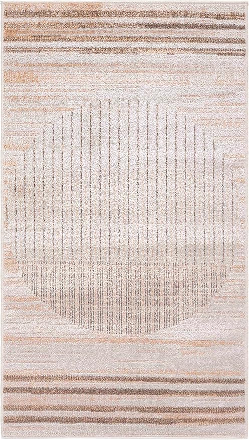 Mark&Day Washable Rugs, 7ft Round Elk Falls Modern Desert Tan Area Rug, Brown Silver Carpet for Living Room, Bedroom or Kitchen (6'7" Round, Machine Washable)