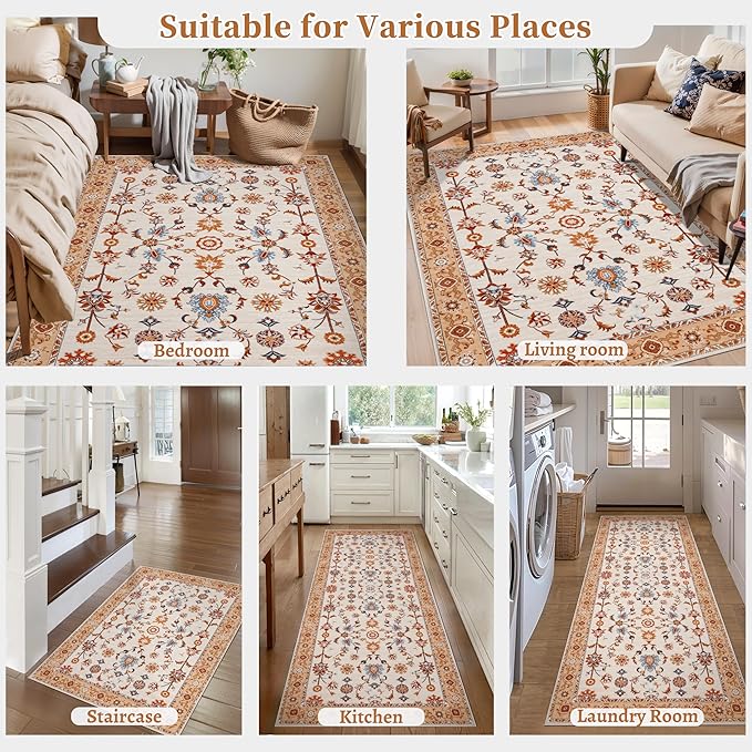 Tangsoo Floral Small Rug 2x3 Washable Rug for Entryways Vintage Non-Slip Area Rugs Orange Entry Rugs Distressed Floor Carpet Soft Low Pile Door Mat for Entrance Bedroom Kitchen Foyer Decor