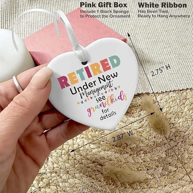 Funny Retirement Gift for Grandma Nana-Heart Shaped Christmas Ornament-Retired Under New Management-Grandmother Appreciation Present-Ceramic Keepsake with Gift Box