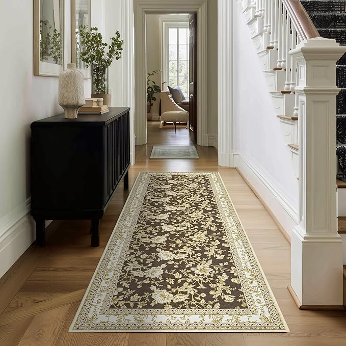 Brown Floral Print Area Rugs for Bedroom Living Room Boho Farmhouse Country Rustic Dining Room Carpet Soft Washable Rugs Non Slip Floor Covering for Nursery Playroom 3x8
