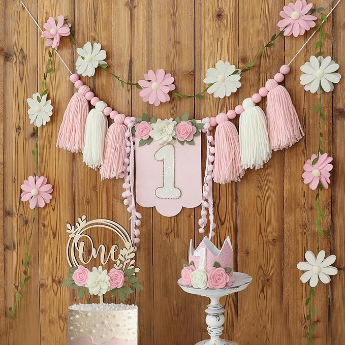 Wildflower First High Chair Banner Birthday Decorations For Girl One Flower Cake Topper Floral Hat 1st Birthday Decoration Supplies