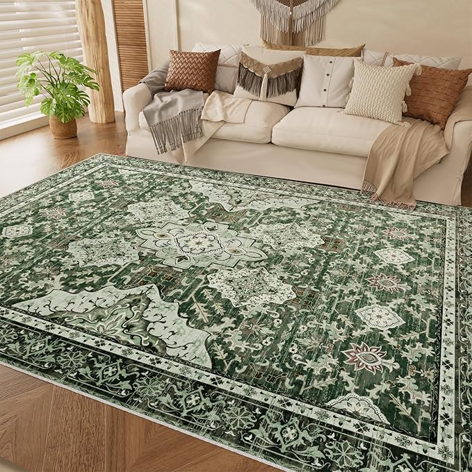 AMTOVO Area Rugs 5'x7' Washable Non-Slip, Vintage Boho Distressed Print Pattern Rugs for Living Room, Soft Low Pile Carpet for Bedroom Indoor Playroom Nursery Farmhouse Girls Room, Dark Green
