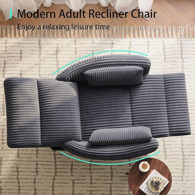 LINSY 360 Swivel Nursery Recliner - Corduroy Glider Rocking Chair with 2 Pillows, Comfy High Back Adult Recliner for Small Spaces, Nursery Bedroom Living Room Reclining Chairs, Gray