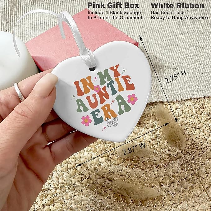 Heart Shaped Christmas Ornament-Auntie Era Gift-Best Aunt Ever Keepsake for Niece Nephew-Birthday or Baby Announcement Present for New Auntie to Be-Promoted to Aunt Ceramic Ornament
