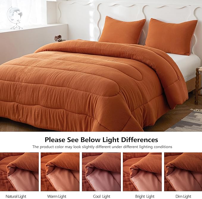 Simple&Opulence 100% Cotton Muslin Comforter Set Queen Size, 3PCS Washed Cotton Gauze Comforter, Soft Lightweight All Seasons Bedding Sets with 2 Pillow Shams(Burnt Orange,Queen)