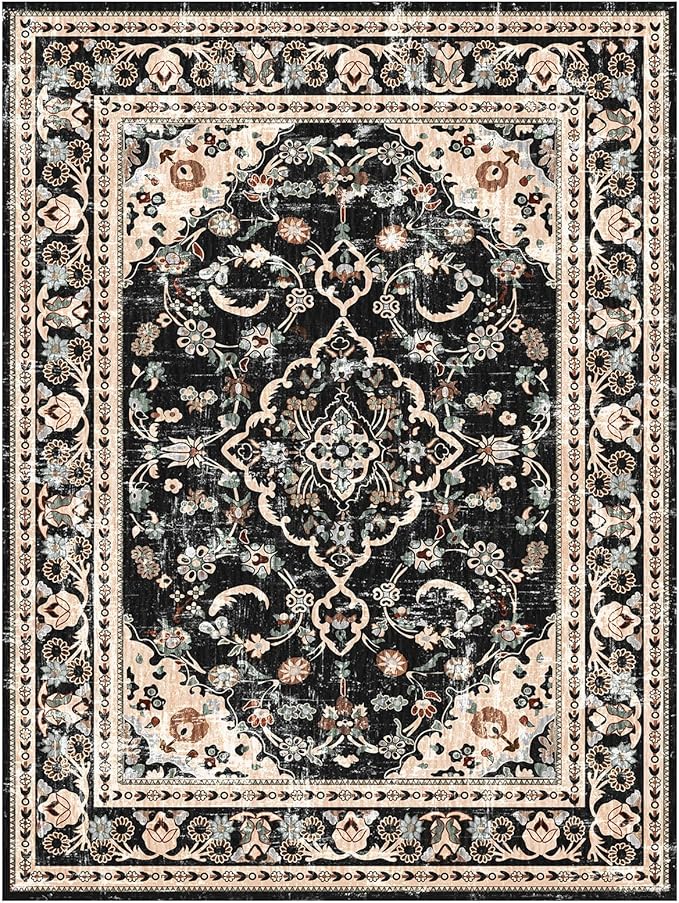 Vhong Washable Area Rugs Boho Vintage Modern Neutral Small Carpet Black and Brown 3×5 High Traffic Rugs for Dinning Room Living Room Bedroom Non Slip