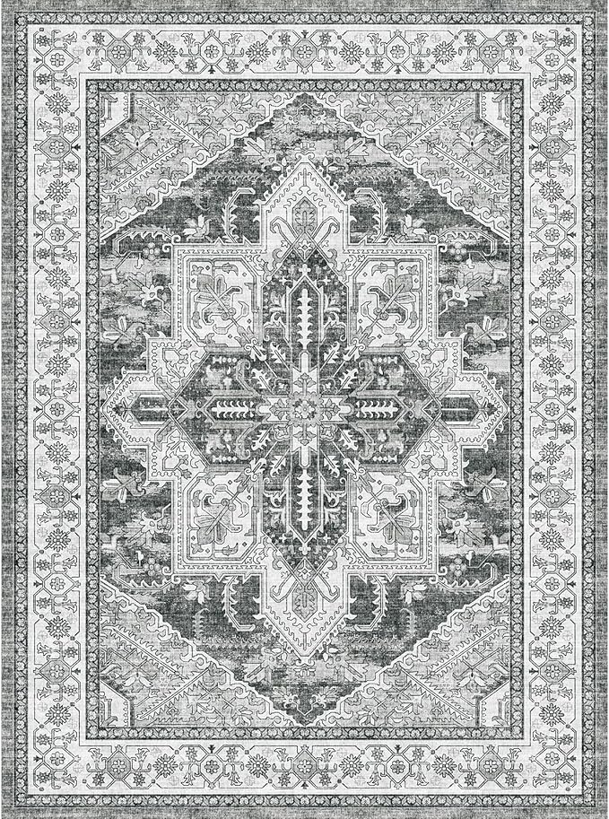 WITSHOCK Living Room Area Rugs 9x12: Washable Rug Boho Soft Low Pile Non Slip Stain Resistant Foldable Carpet for Bedroom Playroom Dining Room Office Distressed Vintage Farmhouse Home Decor Rug-Gray