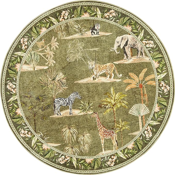jinchan Round Rug 4ft Green Jungle Animals Print, Machine Washable 4' Circle Modern Soft Non-Slip Forest Plant Throw Area Rug Ultra-Thin Low Pile Christmas Carpet for Entryway Bedroom Kitchen Room