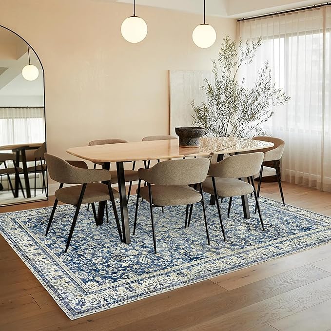 Blue Area Rug for Living Room 8x10 Washable Vintage Farmhouse Big Large Boho Distressed Carpet Rugs for Bedroom,Light Blue and Cream Polyester Rayon Cotton Blend