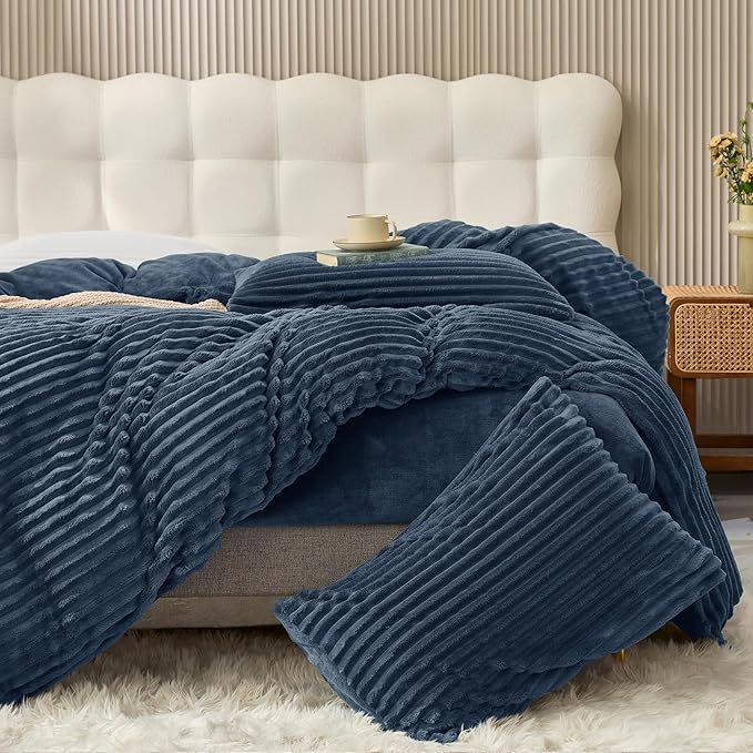 JELLYMONI Plush Duvet Cover Set - Queen Size Navy Blue Striped Fluffy Comforter Cover 3pcs Bedding Set Luxury Ultra Soft Faux Fur Duvet Cover with Zipper and 2 Pillowcases (NO Comforter)