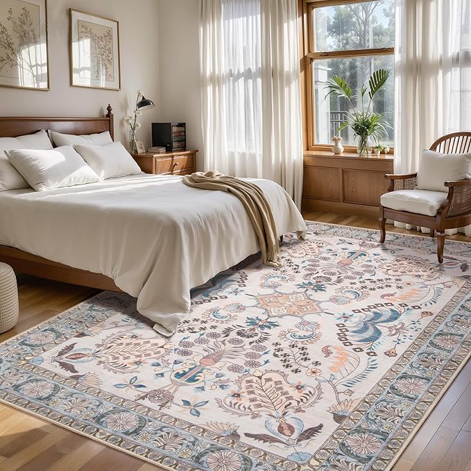 Tangsoo 2x6 Washable Runner Rug for Hallways,Non Slip Vintage Persian Floral Rug Runner, Soft Low Pile Neutral Floor Carpet Runners for Kitchen Bedroom Entryway Living Room Bedside Laundry Home Decor