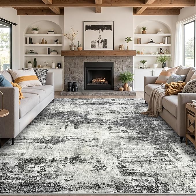 8x10 Area Rugs for Living Room: Abstract Washable Rug with Anti-Slip Backing Non-Shedding Stain-Resistant Soft Modern Large Carpet for Bedroom Dining Room Farmhouse Nursery Home Office Black