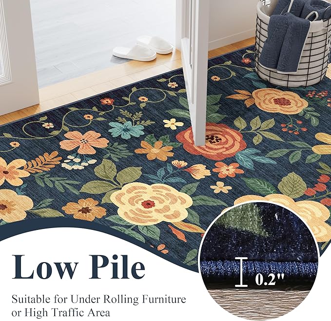 DUKINO 2x5 Runner Rug for Hallway, Washable Kitchen Floral Runner Rug with Non Slip Backing, Low Pile Soft Boho Carpet for Kitchen, Hallway, Entryway, Laundry, Bedroom, Navy Blue