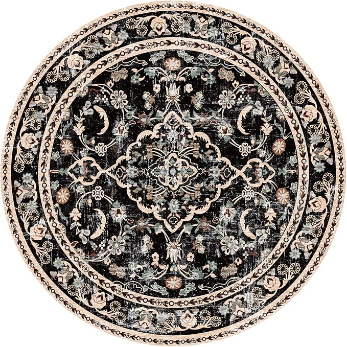 Vhong Boho Area Rugs Vintage Washable Modern Neutral Carpet Black 8×8 High Traffic Round Rugs for Dinning Room Living Room Bedroom Farmhouse Non Slip